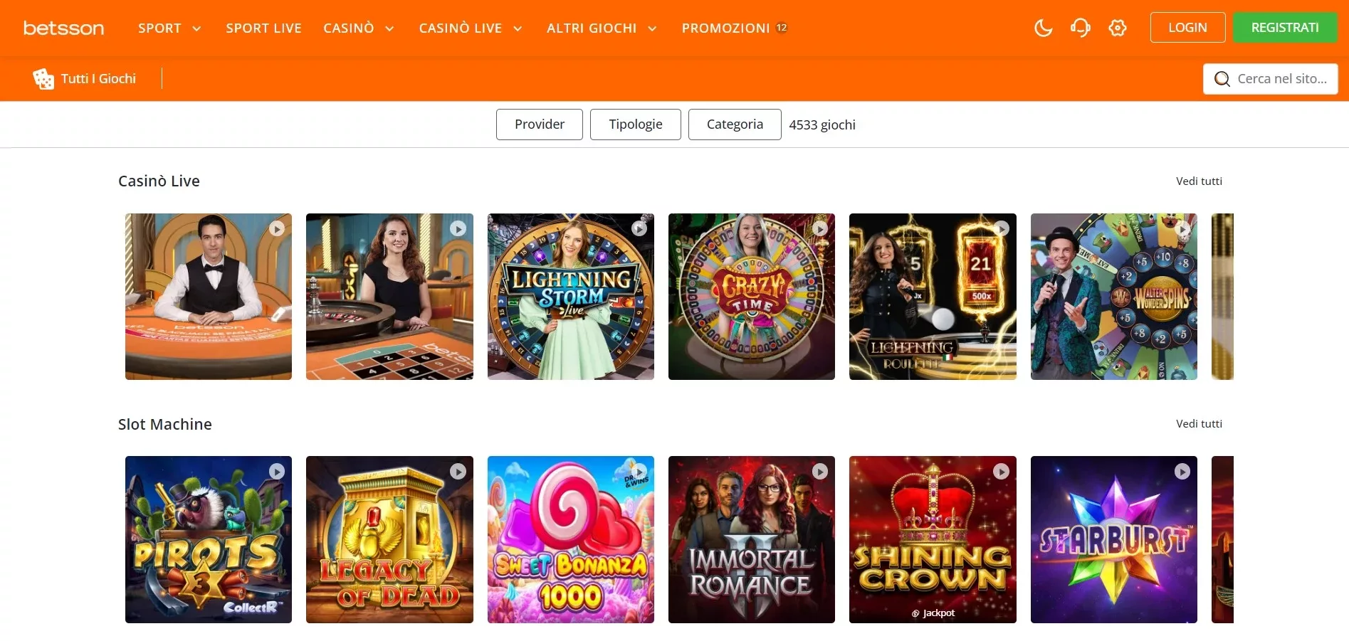 Betsson Casino Interface