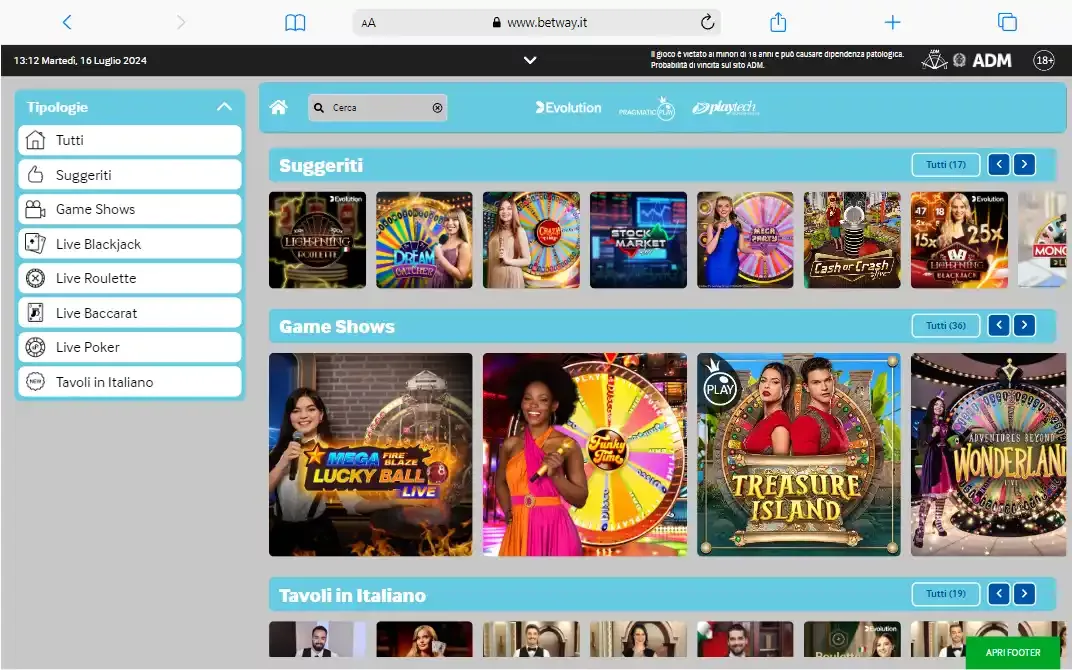 Sezione casino live betway
