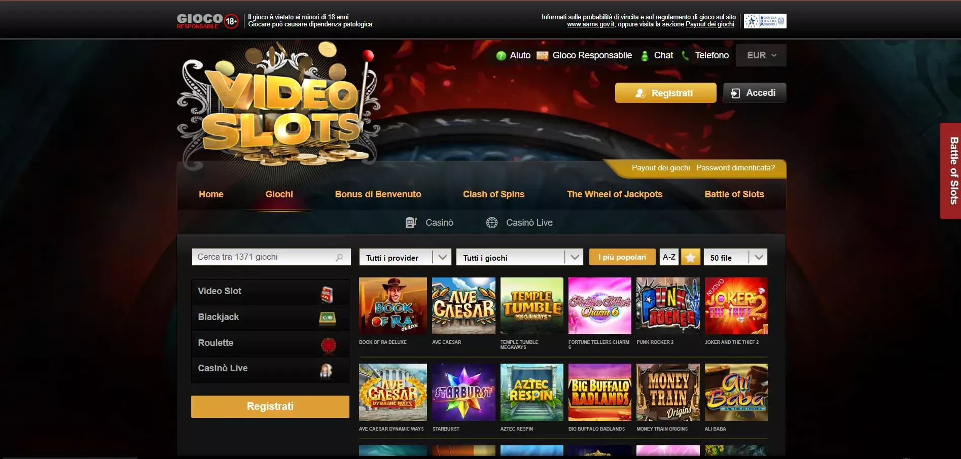 Videoslots Casino Interface